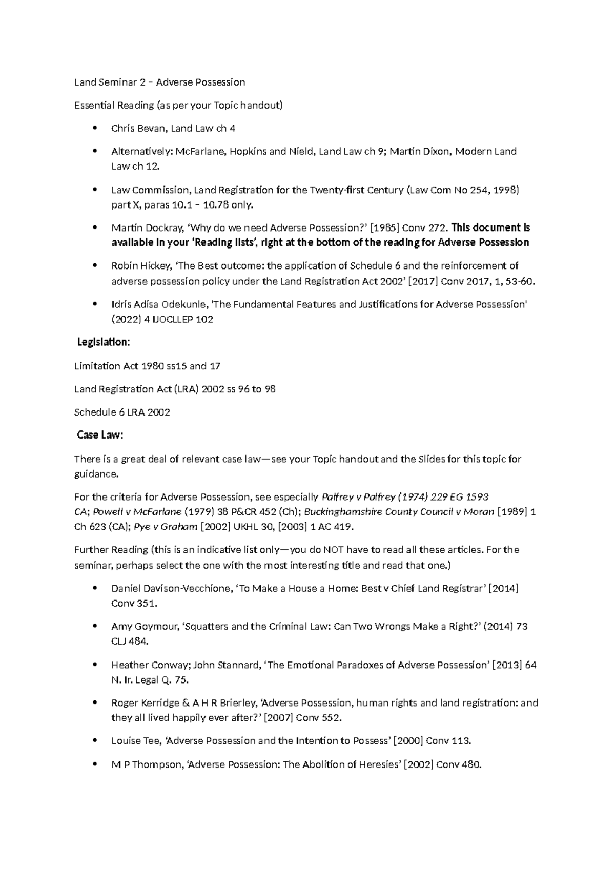 Seminar 2 - Adverse Possession and Legal Analysis in Land Law - Studocu