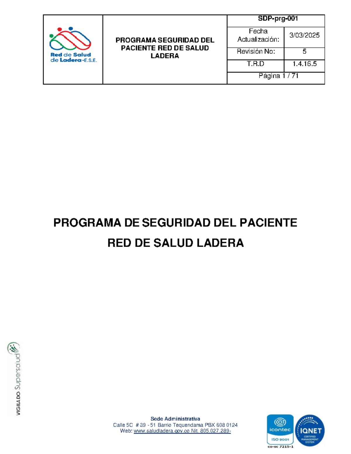 Programa de Seguridad del Paciente - Red de Salud Ladera (Revisión 5 ...