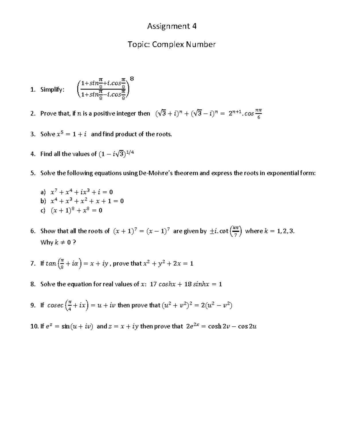 MATH 201: Complex Number Assignment Solutions and Problems - Studocu