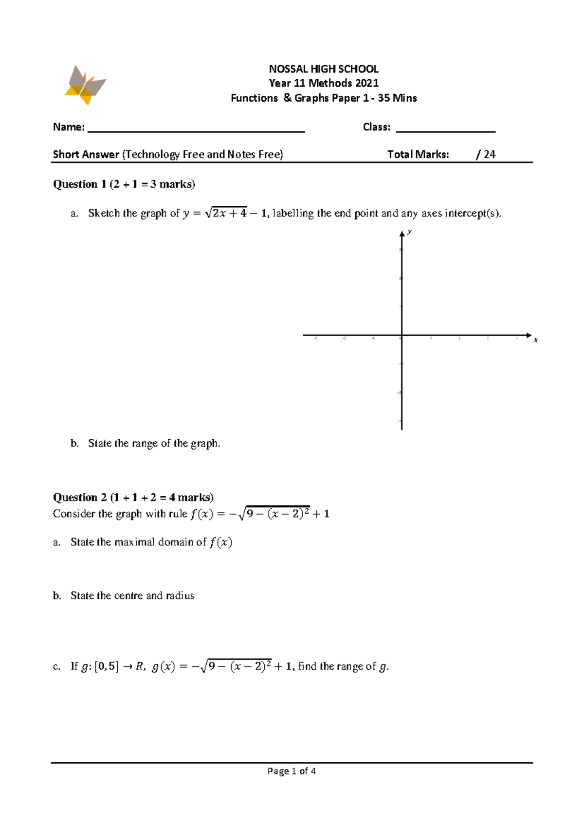MM12 Functions & Graphs Test 2021 - Tech Free - Version 3 - Studocu