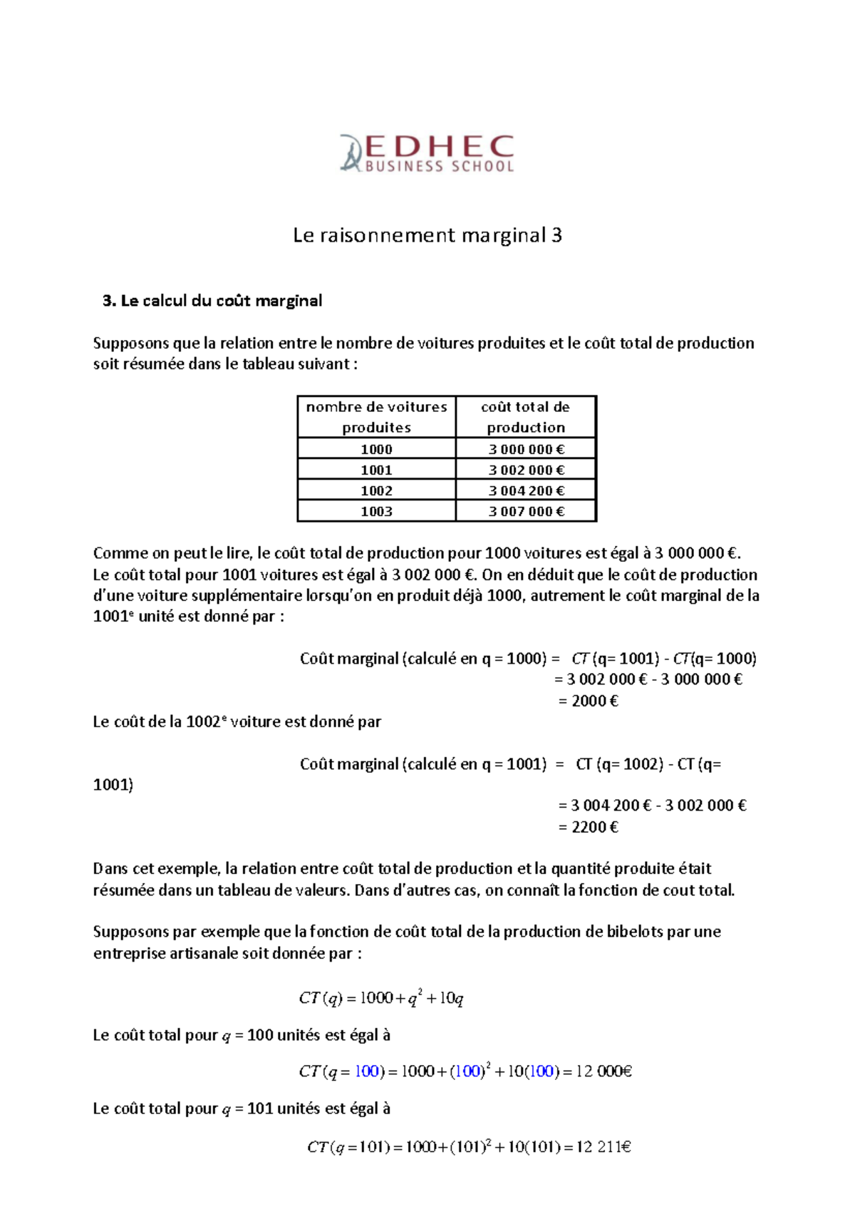 Raisonnement Marginal et Coût Marginal - Cours 3 - Studocu