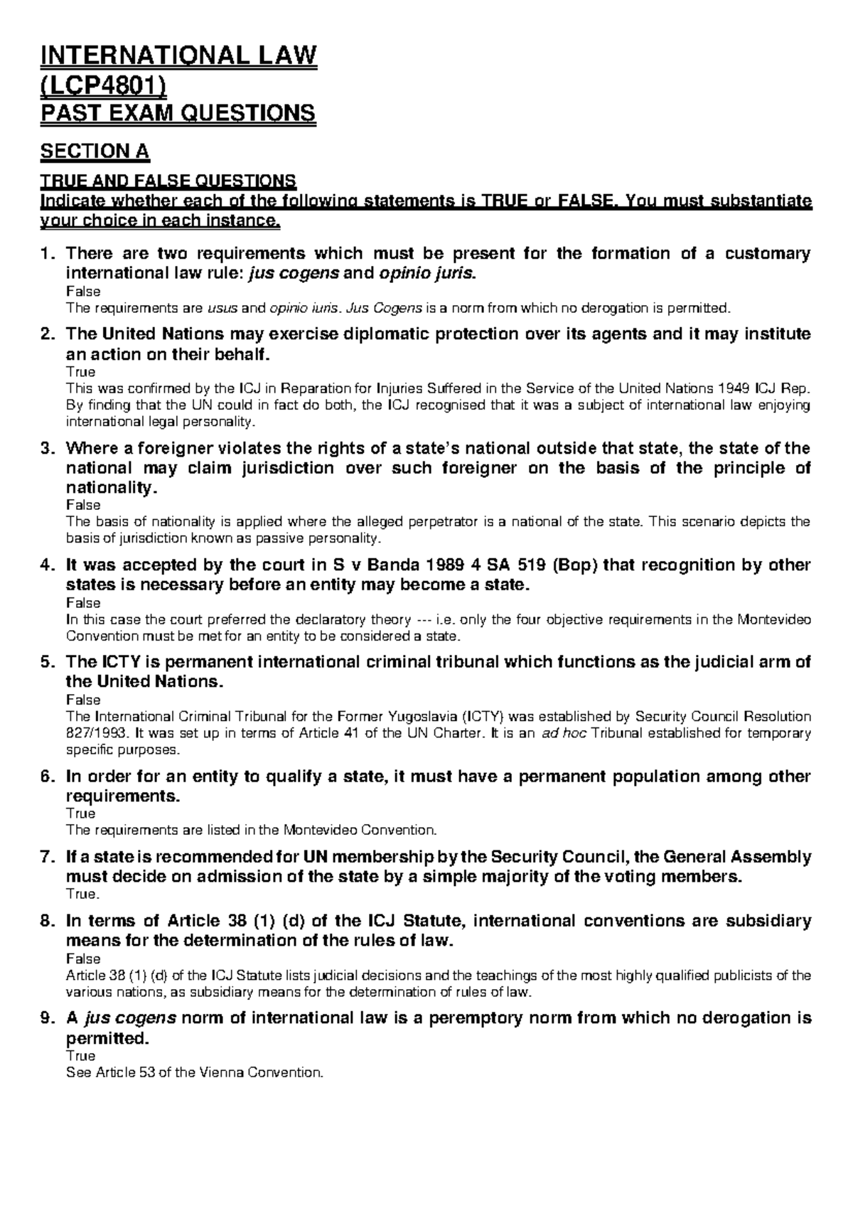LCP4801 2024 notes 2 - INTERNATIONAL LAW (LCP4801) PAST EXAM QUESTIONS ...
