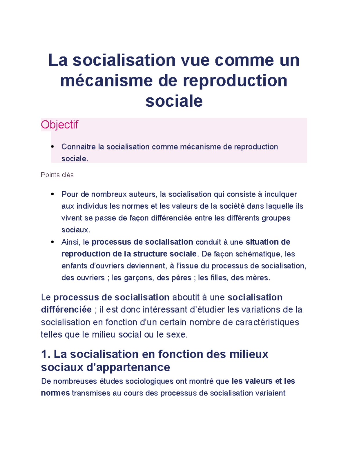 La socialisation vue comme un mécanisme de reproduction sociale ...