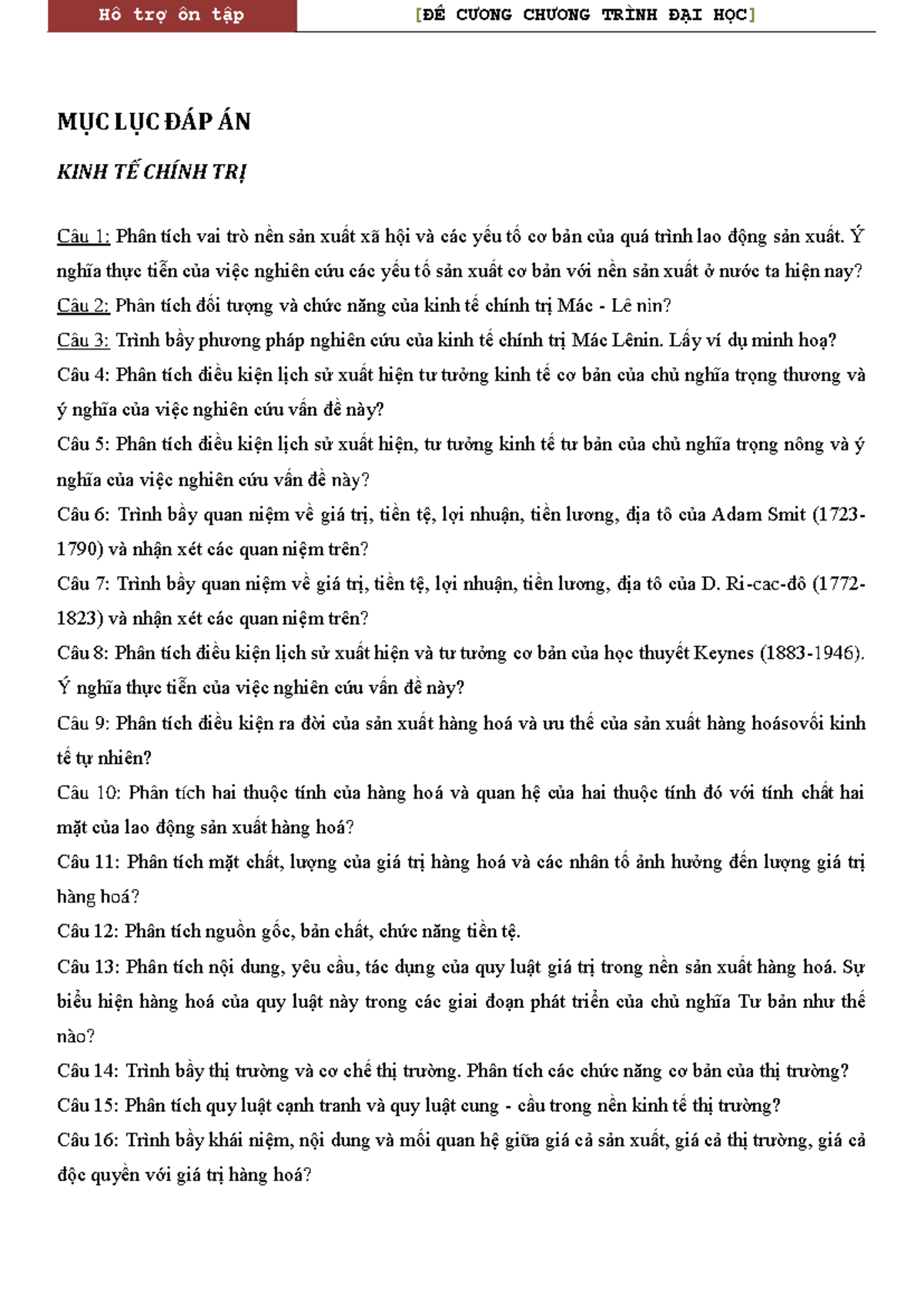 Đề cương ôn tập Kinh tế Chính trị Mác Lênin - Môn KTP0123 - Document Preview