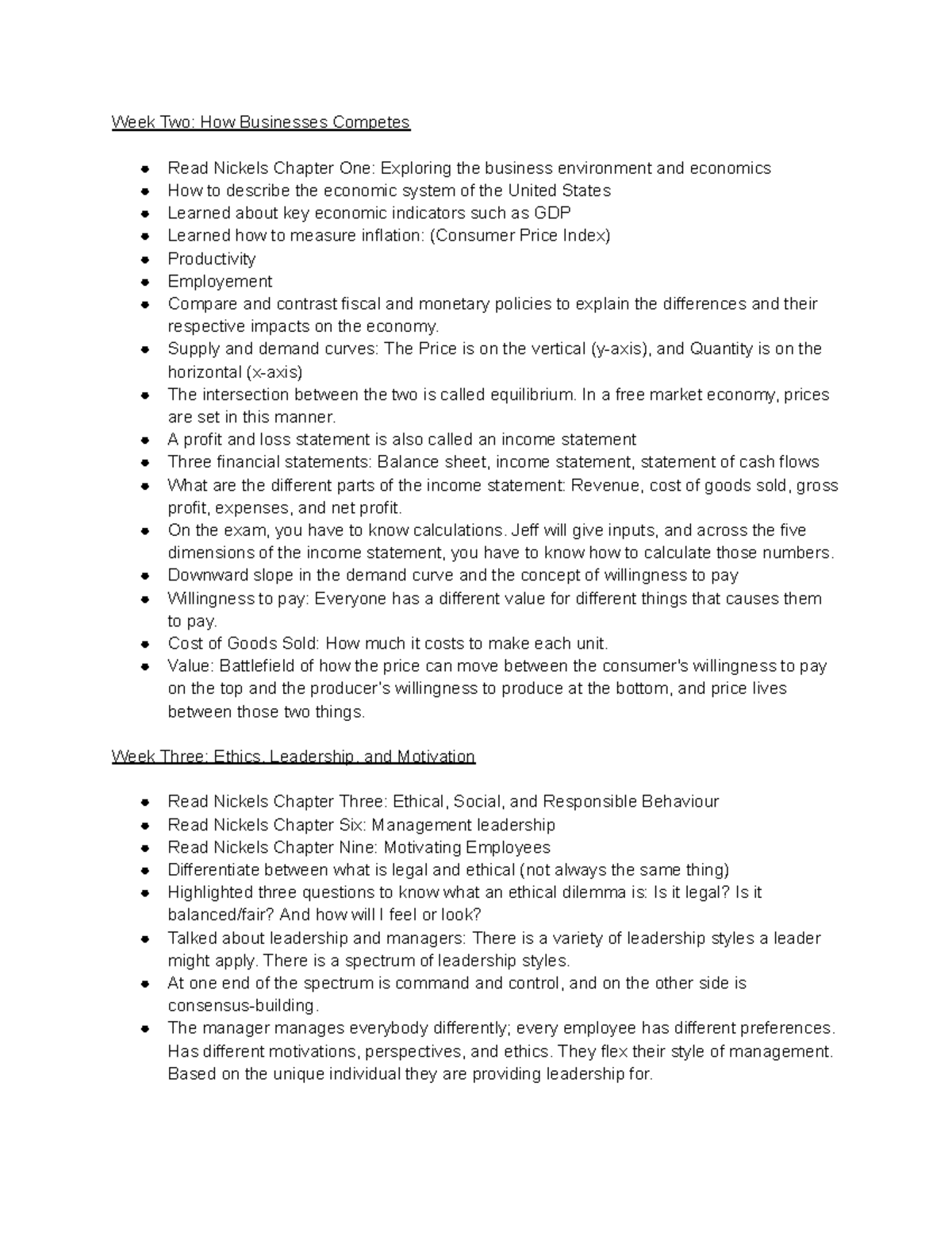 BUS 101: Week 2-4 Lecture Notes on Business Concepts - Studocu