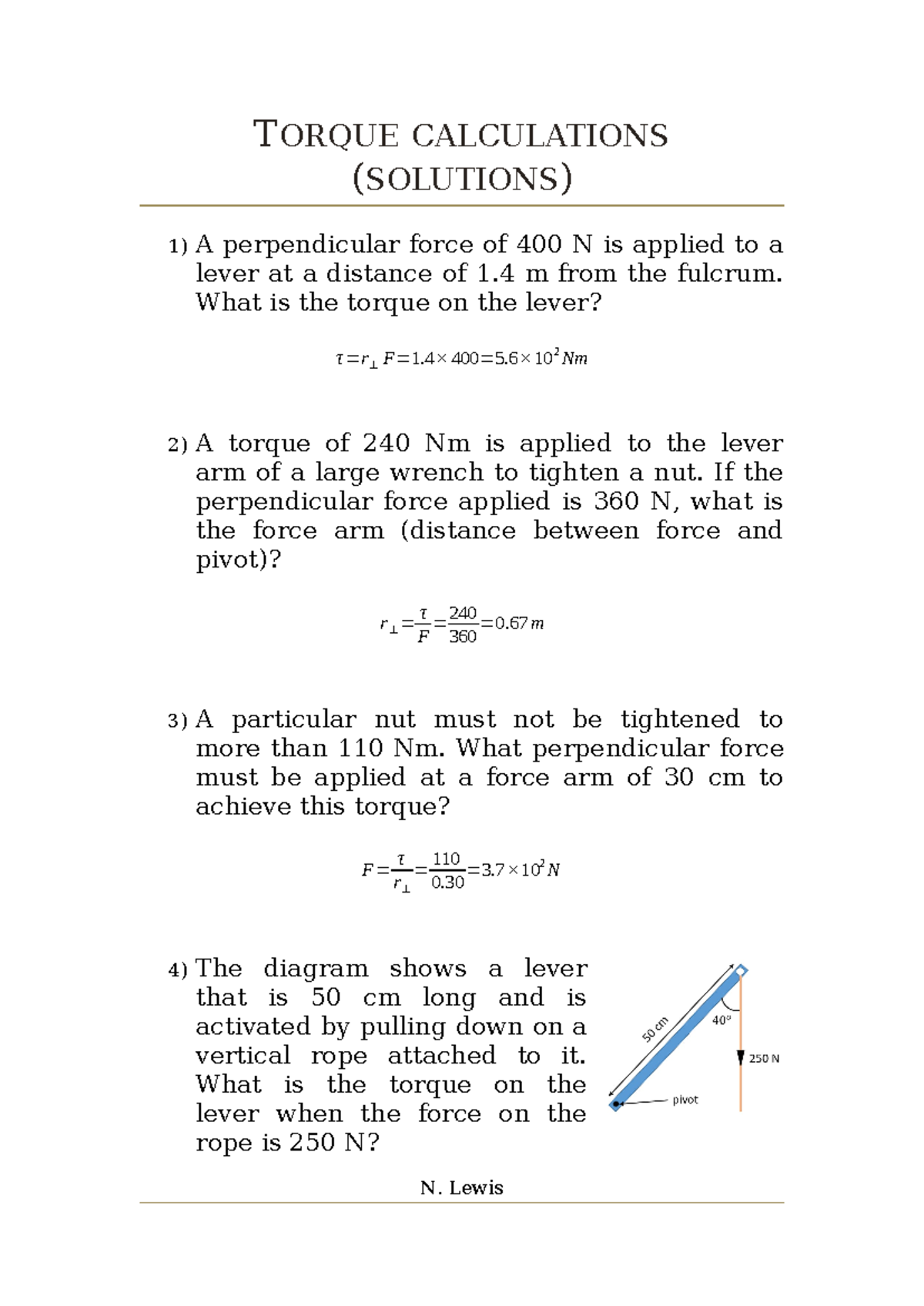 Torque Calculations Solutions for Physics 101 Final Exam - Studocu