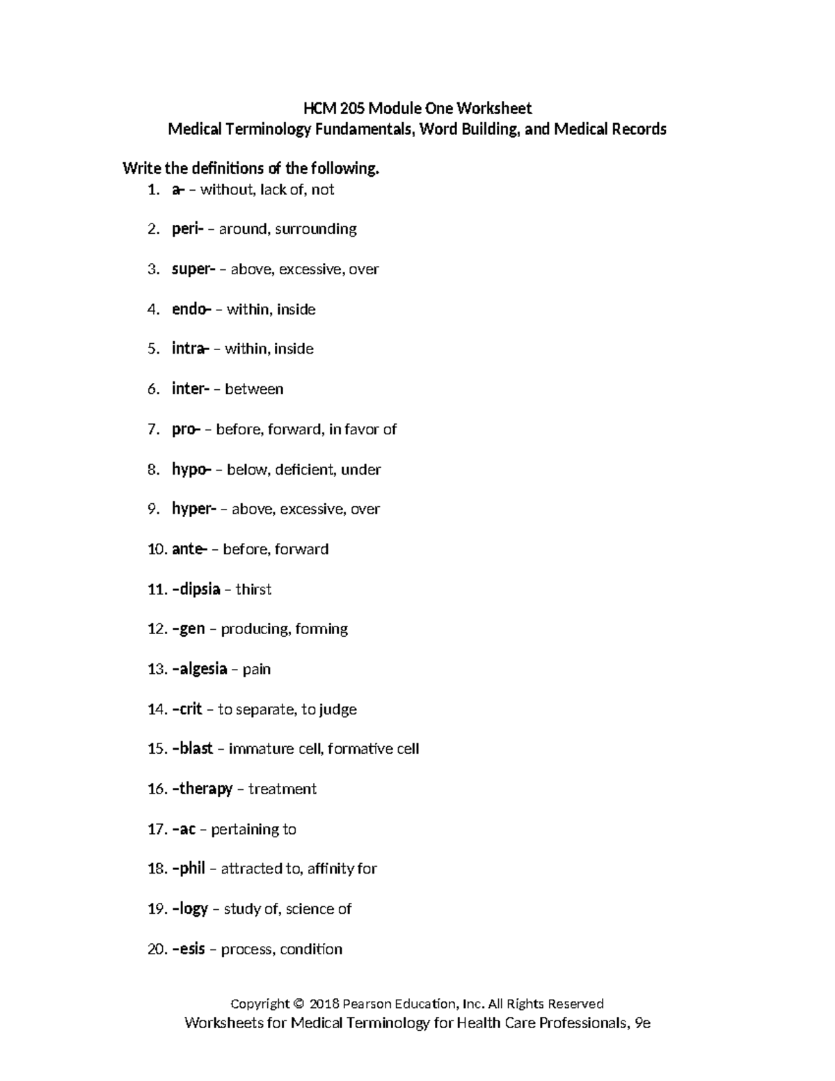 HCM 205 Module 1 Worksheet: Medical Terminology & Word Building - Studocu