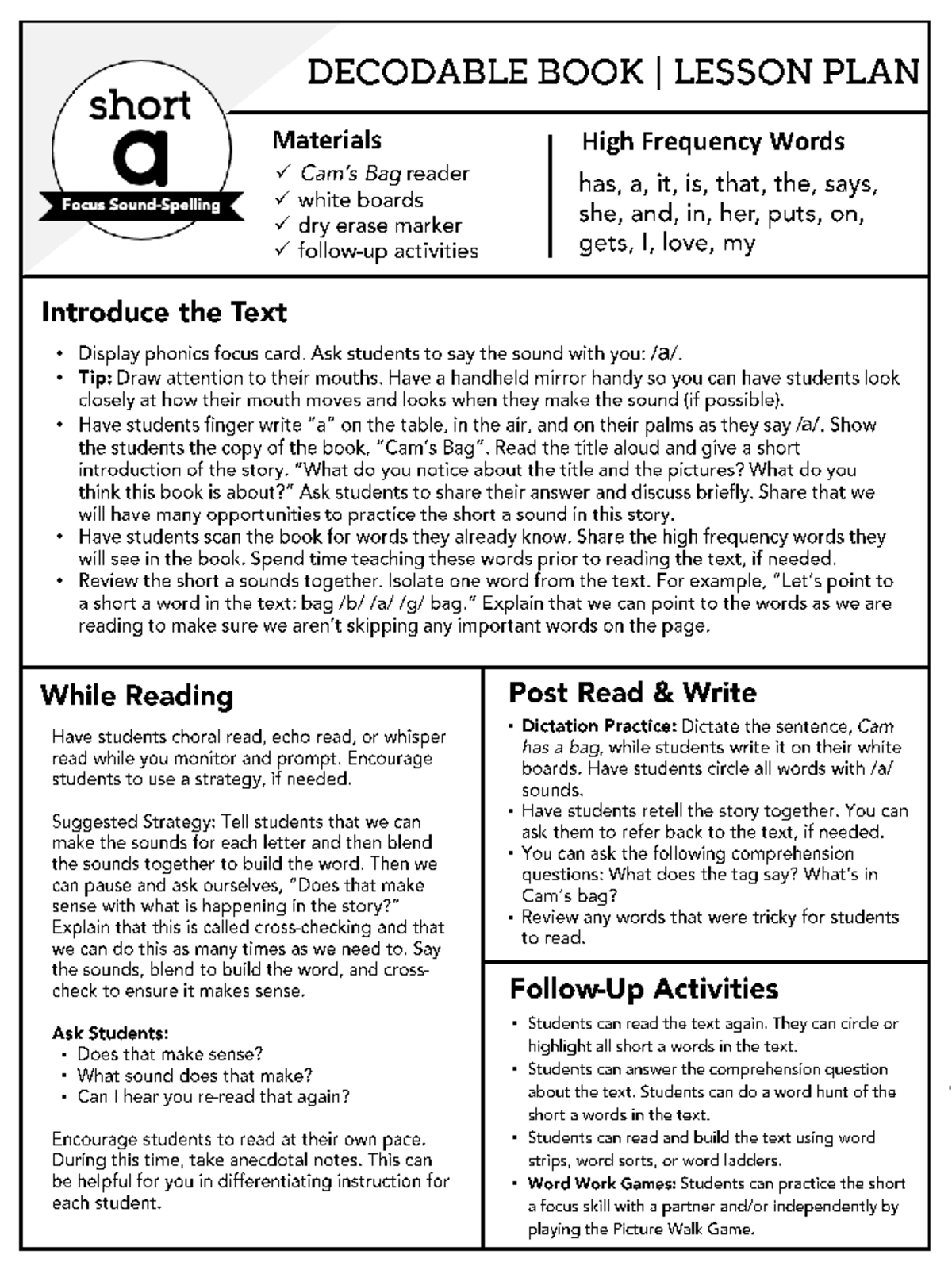 Road to Decode - Cam's Bag - Lesson Plan & Activities - Studocu