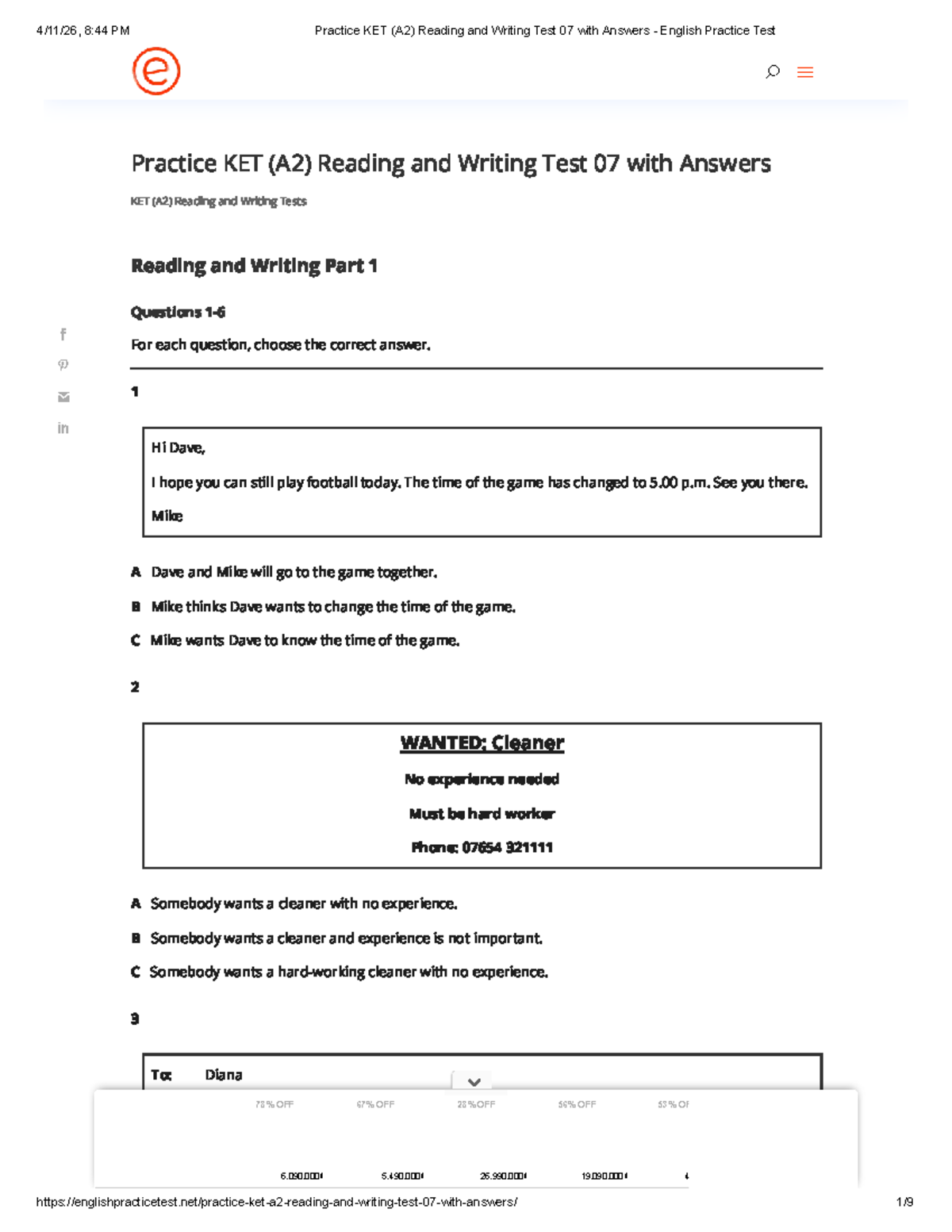 KET (A2) Reading and Writing Test 07 with Answers - Practice Test - Studocu