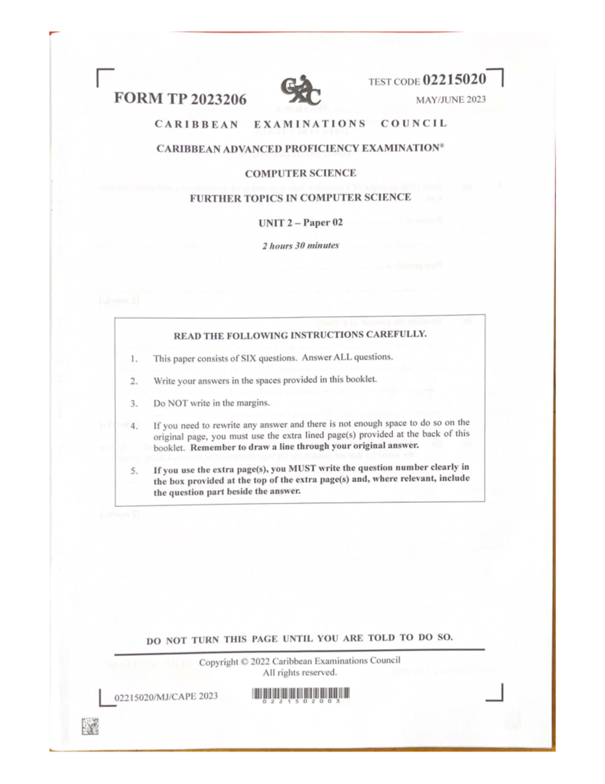 2023 P2 - CAPE Unit 2 Computer Science Exam Paper - Studocu