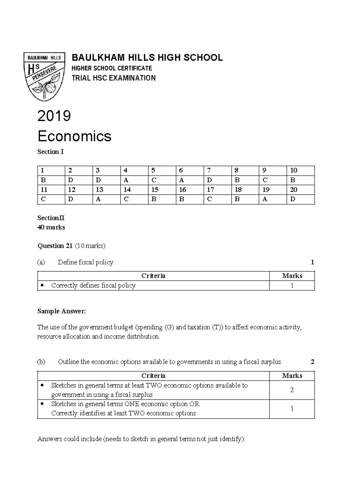 2019 BAULKHAM HILLS HSC Economics Trial Exam Marking Criteria - Studocu