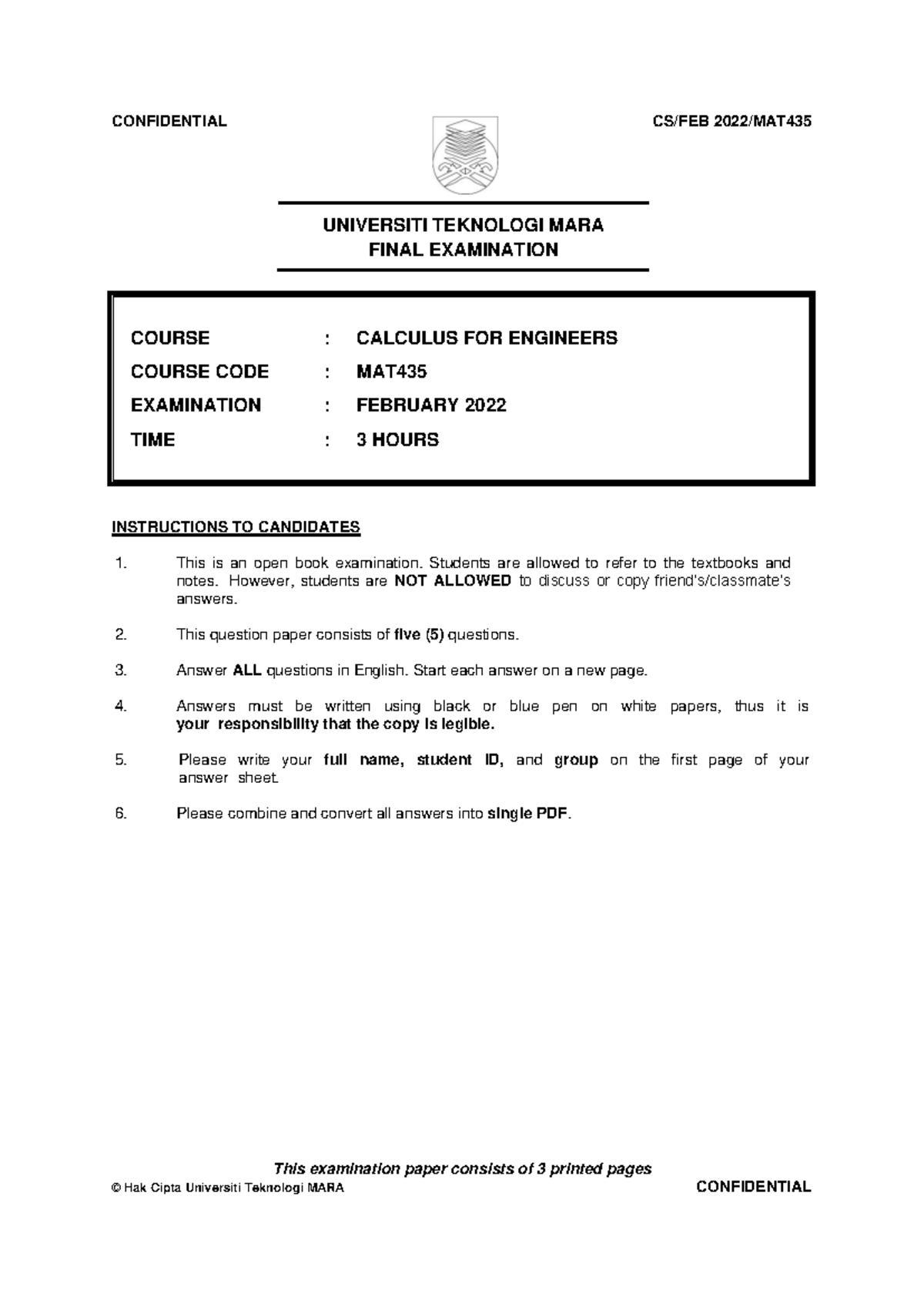 MAT435 Final Exam: Calculus for Engineers - February 2022 - Studocu