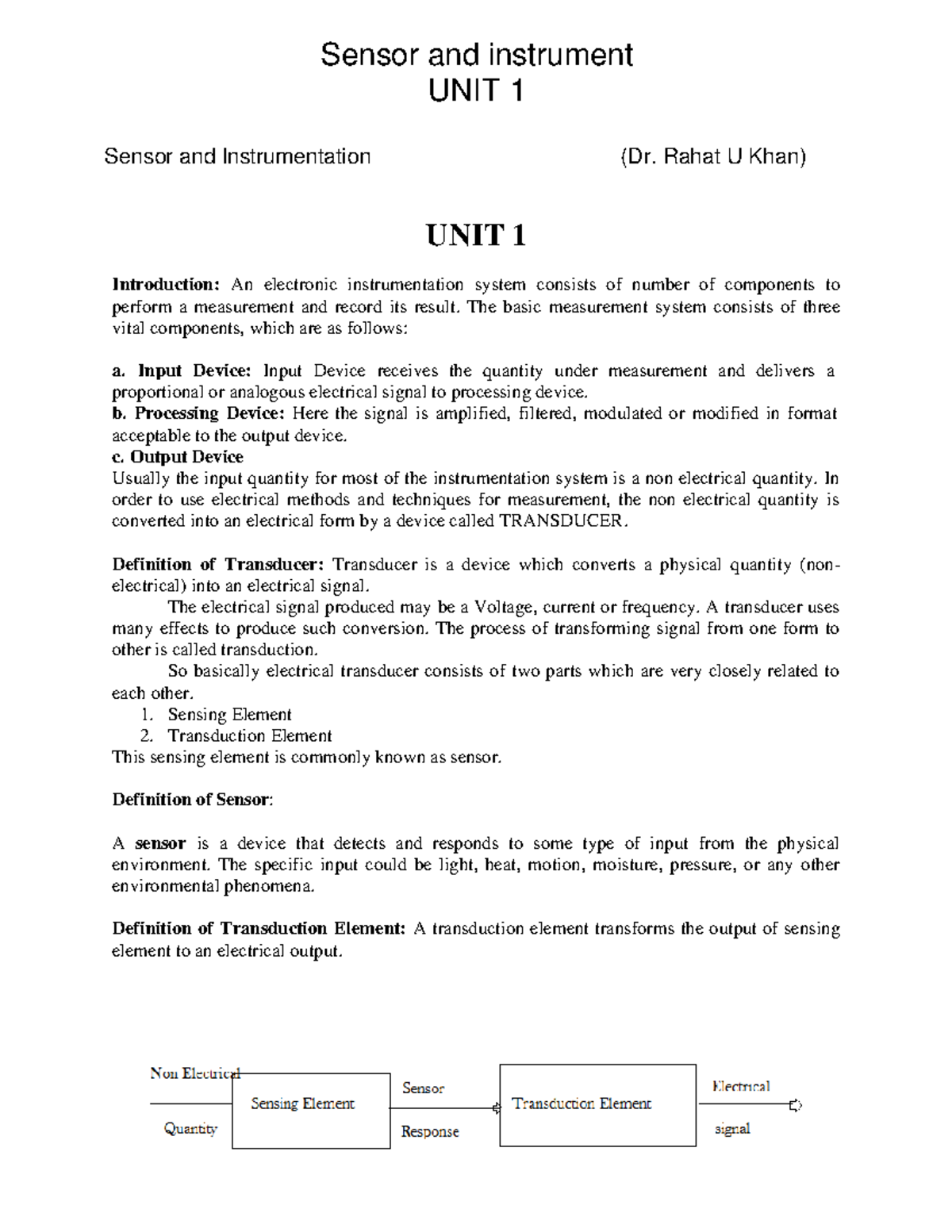 Sensor and Instrumentation Unit 1 Lecture Notes (Course Code: SI101 ...