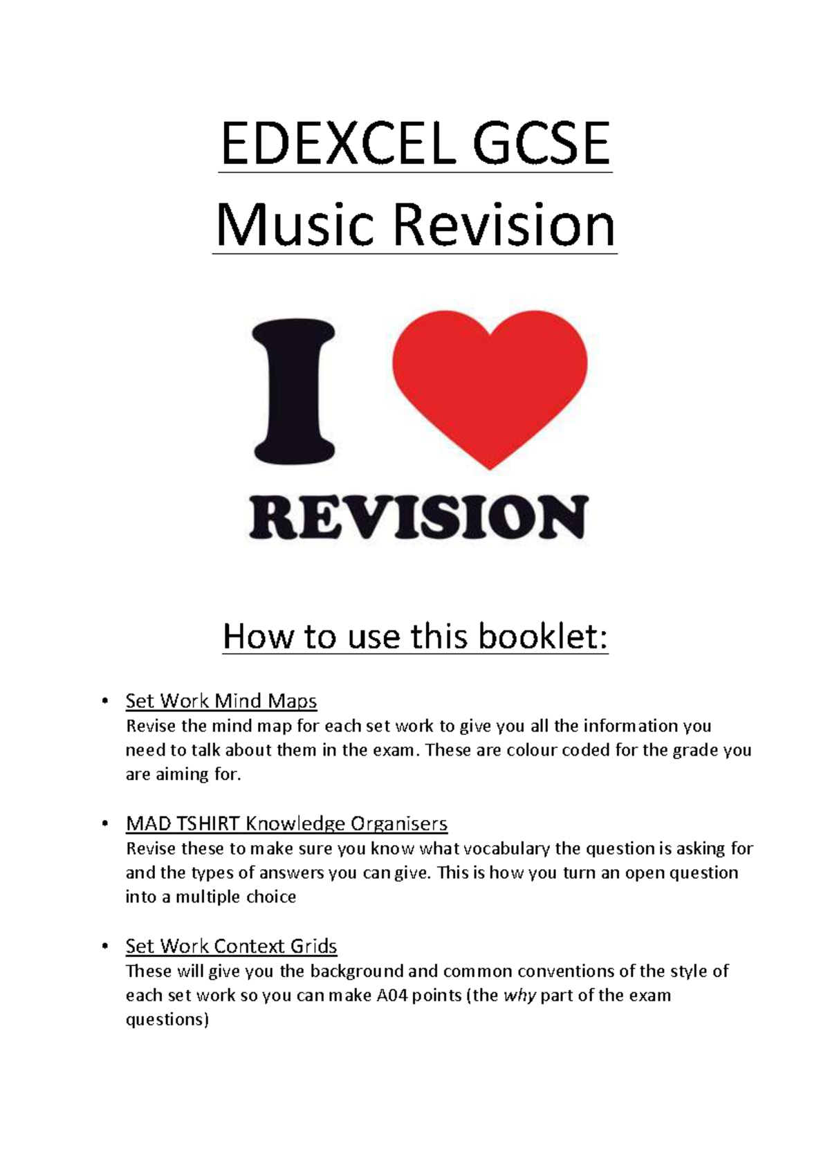 EDEXCEL GCSE Music Revision: Set Work Mind Maps & Exam Tips - Studocu