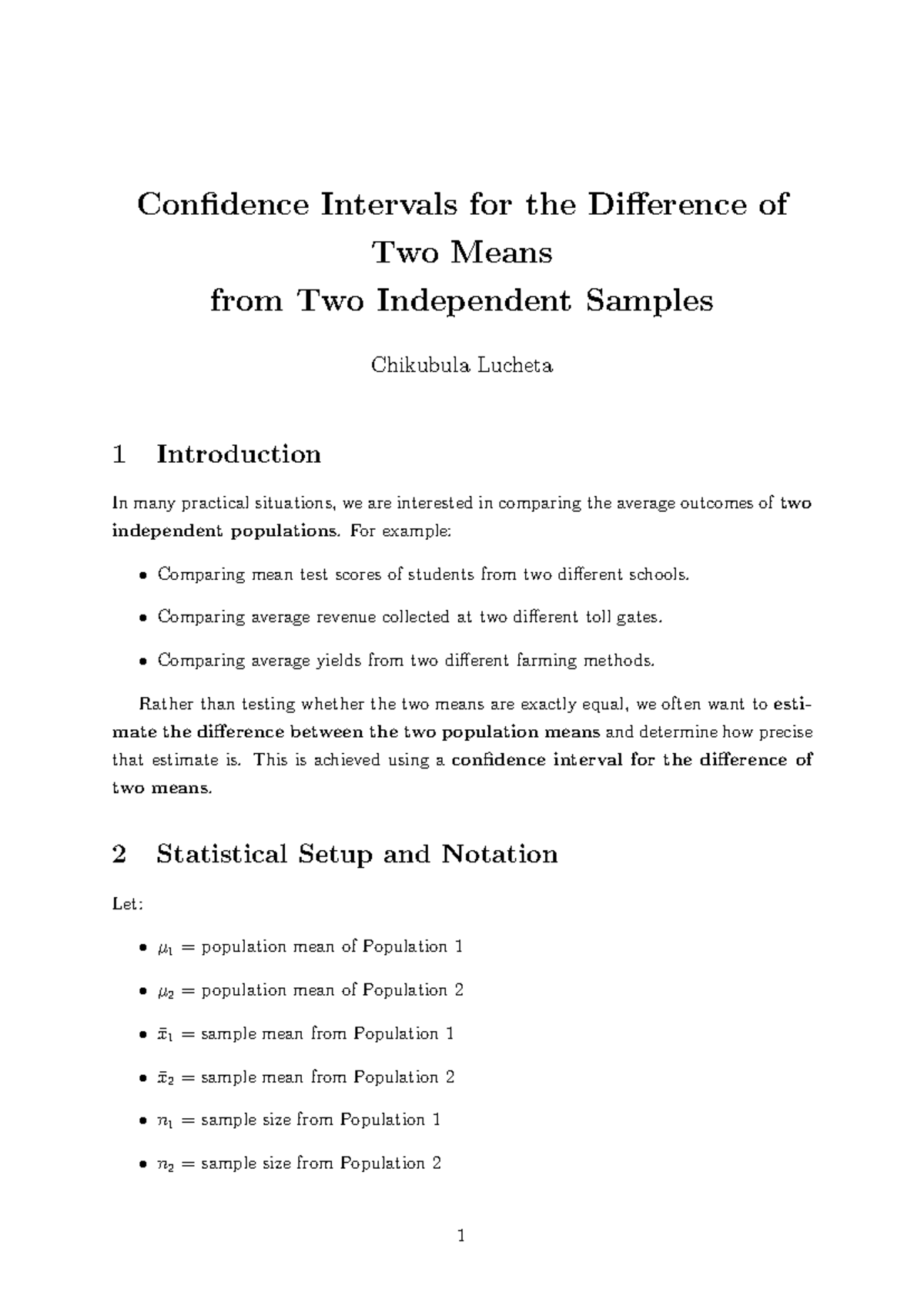 Confidence Intervals for the Difference of Two Means (STAT 101) - Studocu