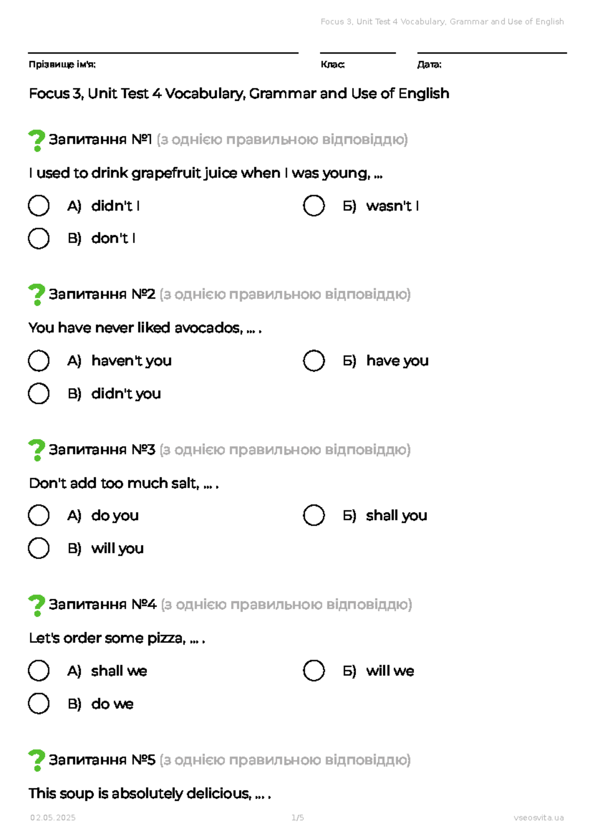 Focus 3 Unit Test 4: Vocabulary, Grammar & Use of English Study Guide ...