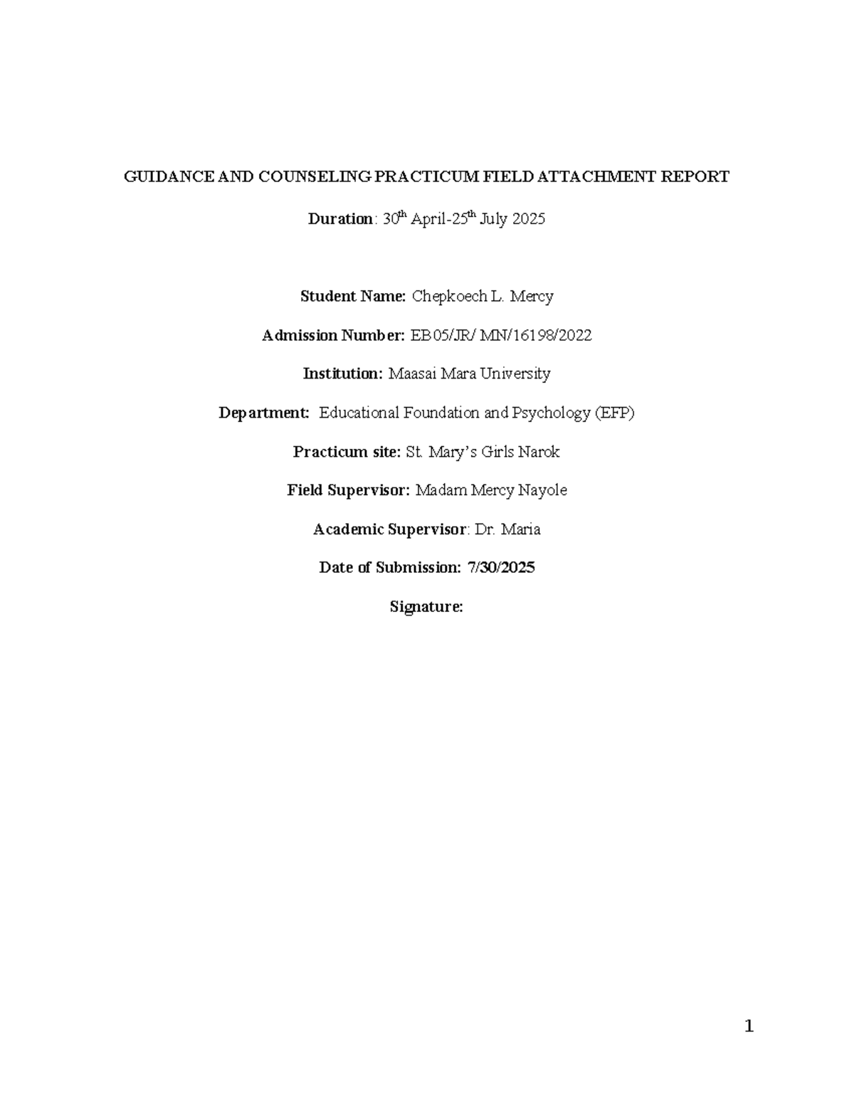 GC 2025 Practicum Field Attachment Report at St. Girls Narok - Studocu