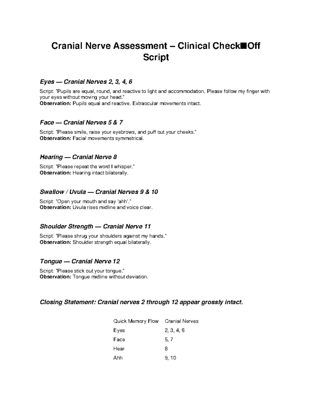 Cranial Nerve Assessment Checkoff Script: CN 2-12 Evaluation - Studocu