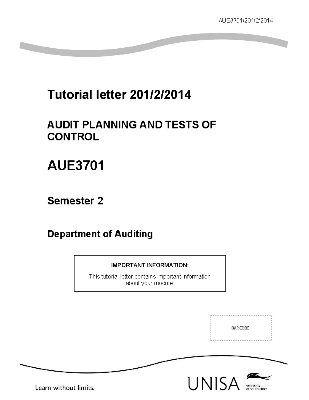AUE3701 Tutorial Letter: Audit Planning & Control Tests - Semester 2 ...