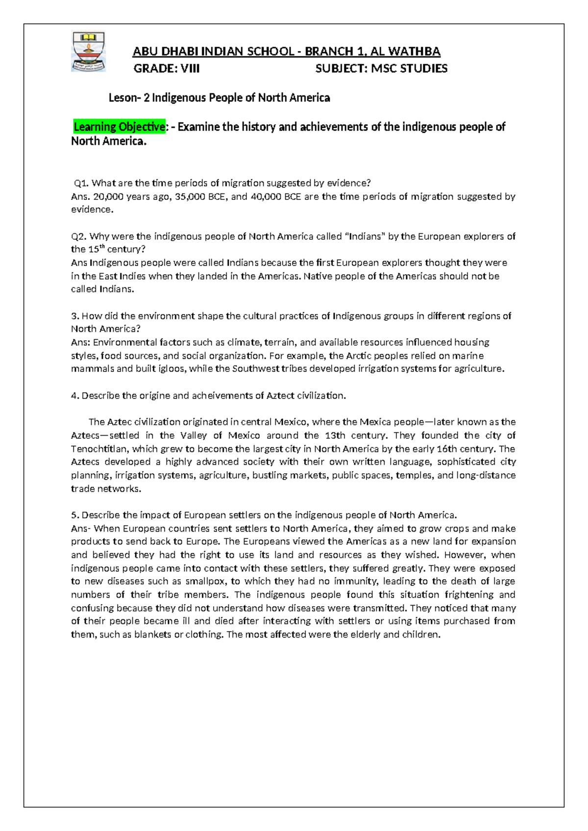 GR 8 MSC Lesson 2: Indigenous Peoples of North America Notes - Studocu