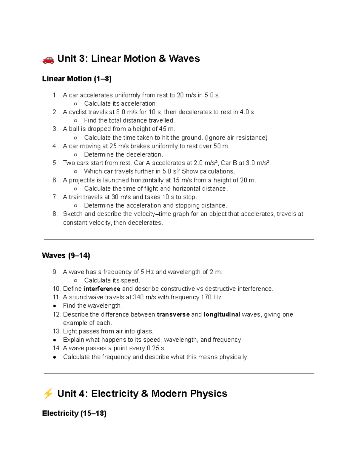 Unit 3 & 4 Practice Questions: Linear Motion & Electricity - Studocu