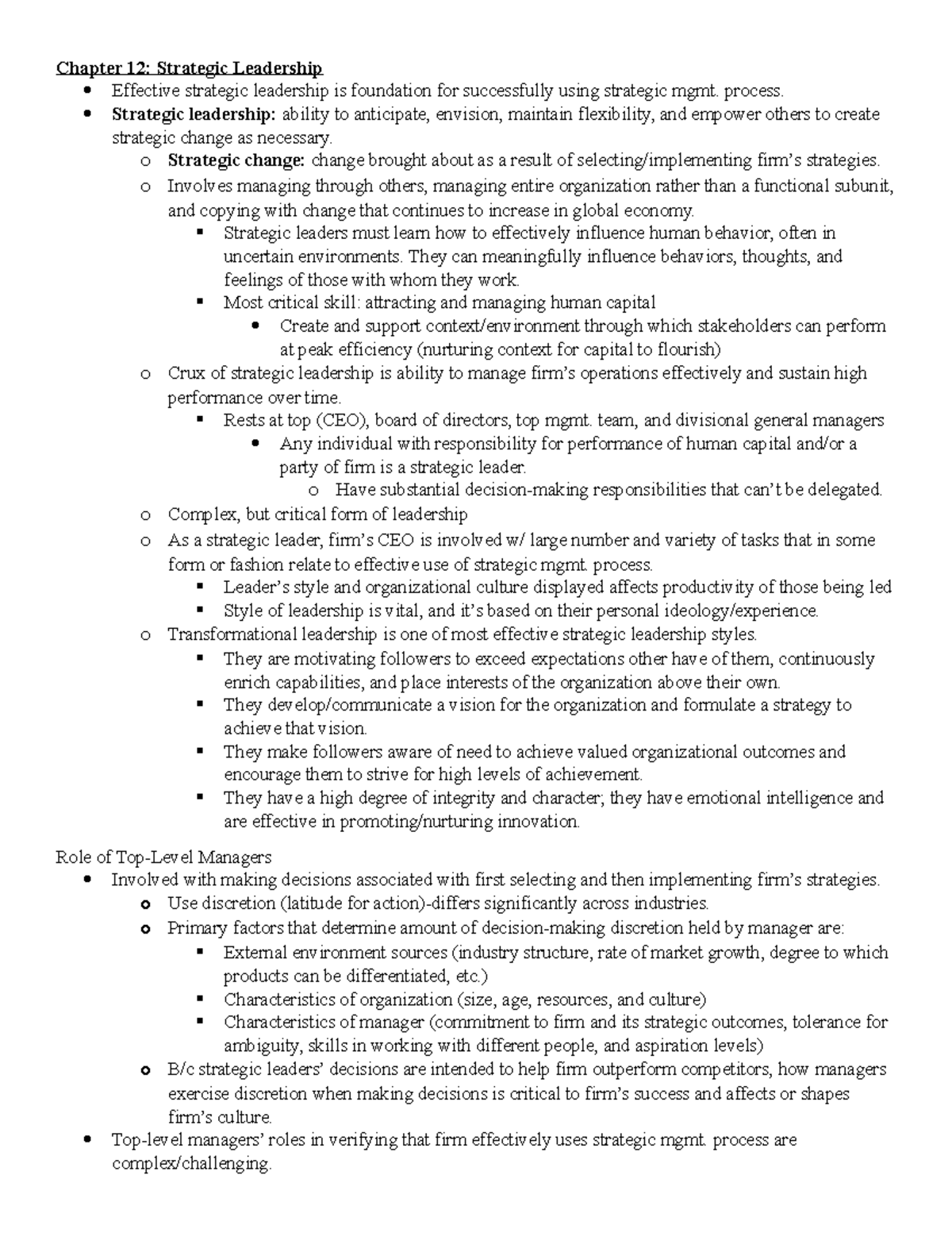 Chapter 12 Strategic Leadership Insights and Effective Practices - Studocu