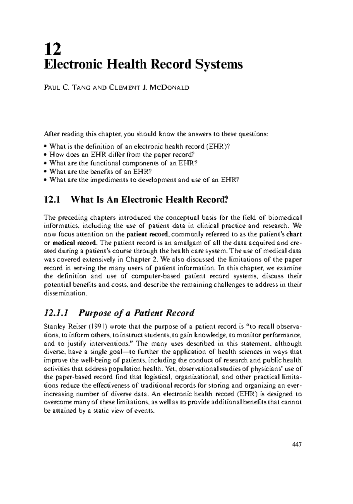 EHR - notes - 12 Electronic Health Record Systems PAUL C. TANG AND ...