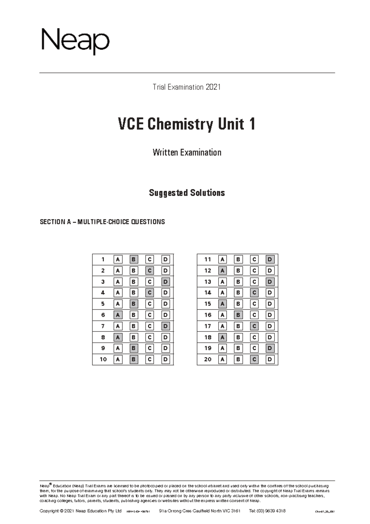VCE Chemistry Unit 1 Trial Exam 2021 Suggested Solutions - Studocu