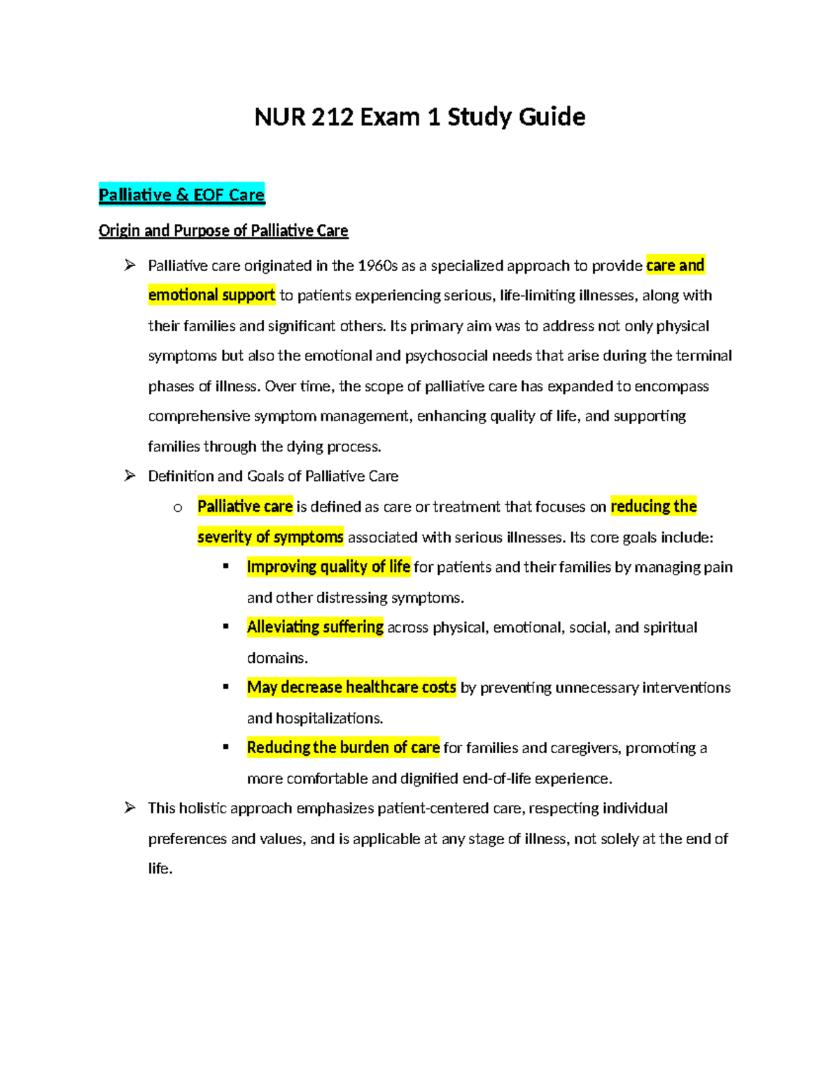 NUR 212 Exam 1 Comprehensive Study Guide on Palliative Care and Cancer ...