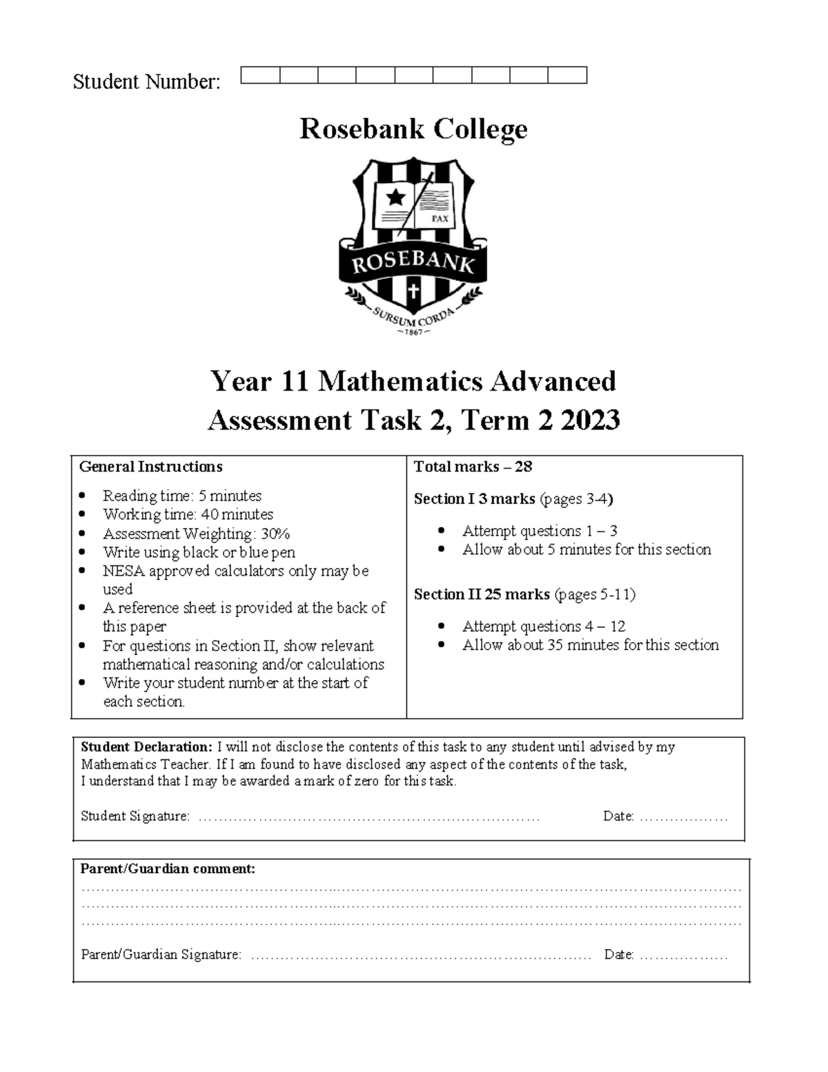 Year 11 Mathematics Advanced Assessment Task 2 - Term 2 2023 - Studocu