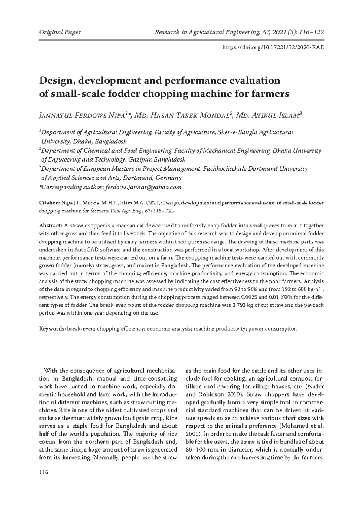 Research in Agricultural Engineering, 67 (3): Fodder Chopping Machine ...
