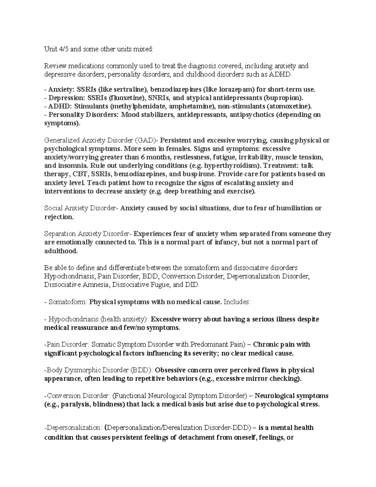 Study Guide for Mental Health copy - Unit 4/5 and some other units ...