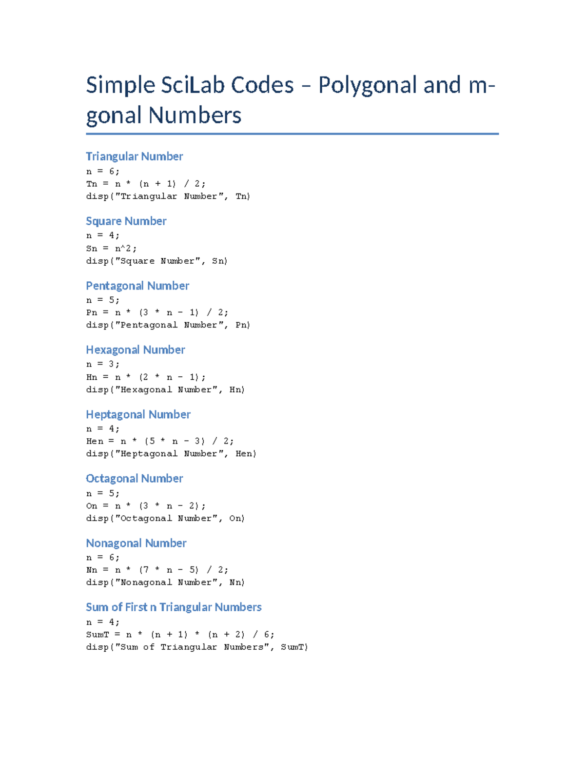 Simple SciLab Codes for Polygonal Numbers and Their Calculations - Studocu