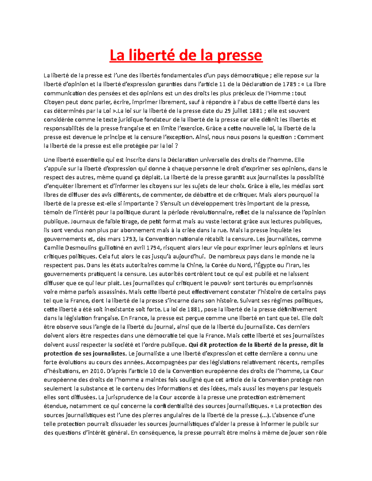 La liberté de la presse - rien - La liberté de la presse La liberté de ...