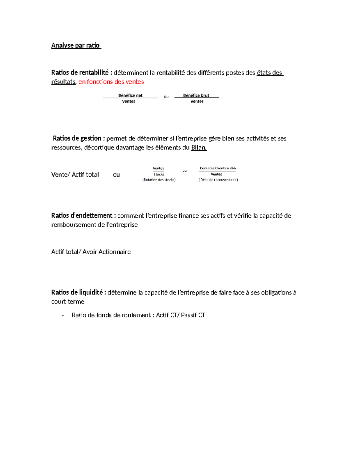 Document examen final - note de cours - Analyse par ratio Ratios de ...