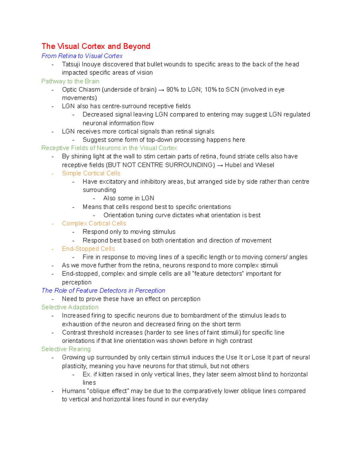 Chapter 4 PSYC 2390 Summary - The Visual Cortex and Beyond From Retina ...