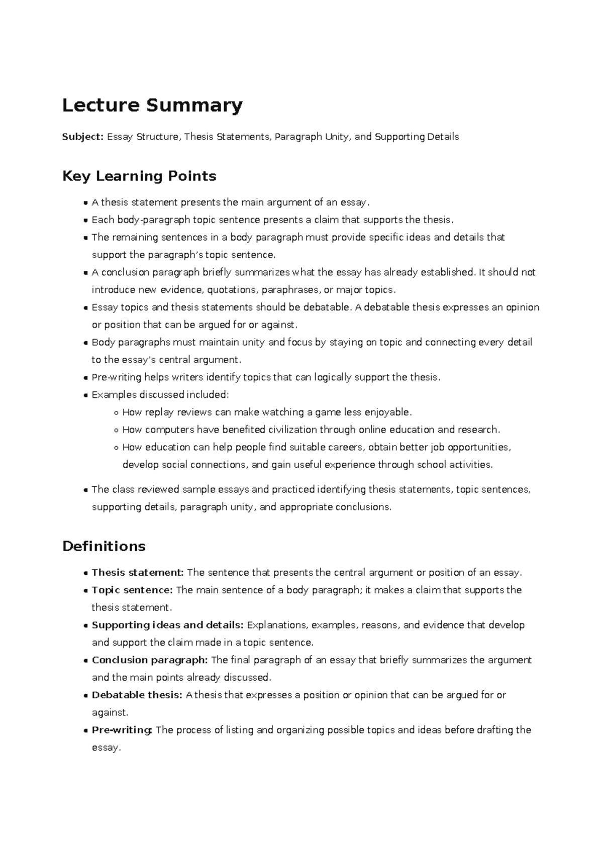 Lecture Summary: Essay Structure and Thesis Statements - Studocu
