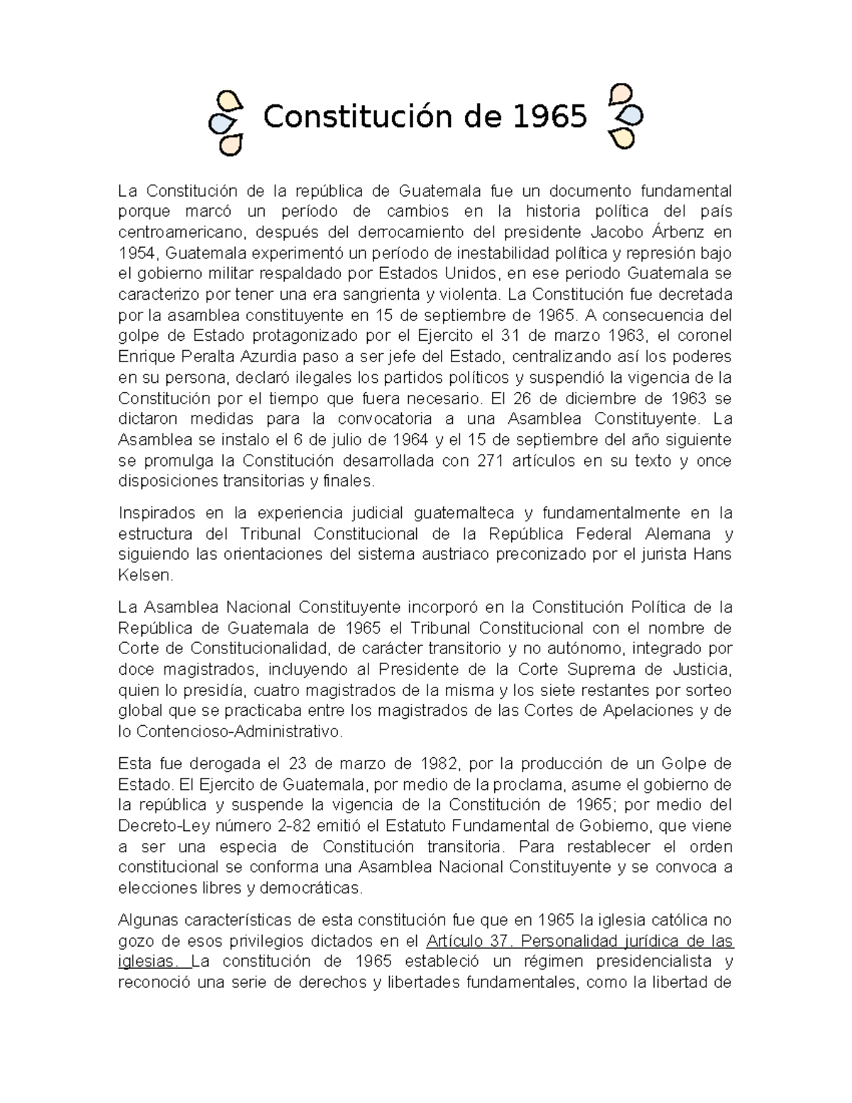 Resumen de la Constitución de 1965 - Historia Jurídica de Guatemala