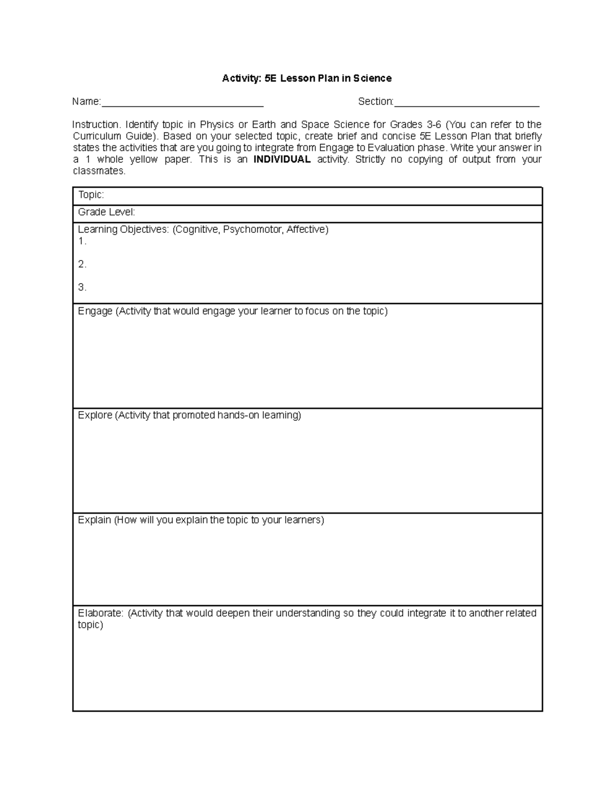 5E Lesson Plan for Grades 3-6 in Science (Activity 5E) - Studocu