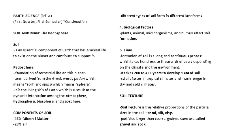 Earth Science (Sci1A) First Quarter Reviewer: Soil and Its Role - Studocu