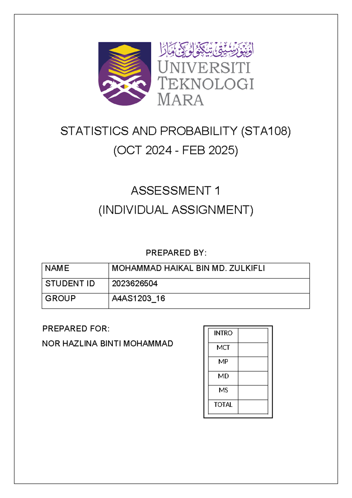 Assessment 1 Report for STA108: Statistics & Probability (Oct 2024 ...