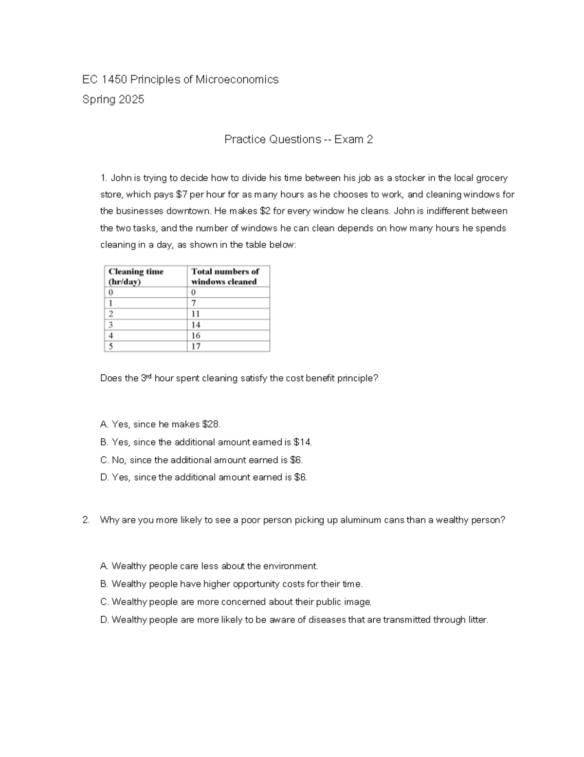 Practice Questions for EC 1450: Microeconomics Exam 2 Review - Studocu