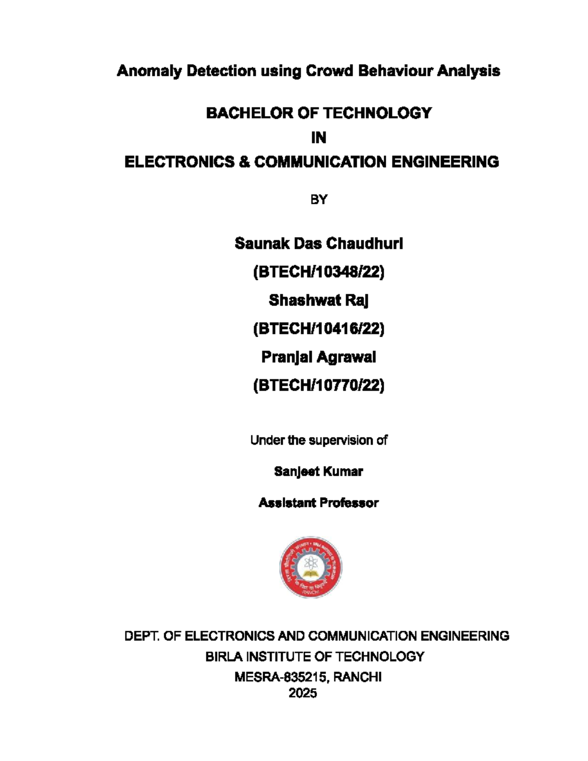 Anomaly Detection in Crowd Behaviour Analysis - BTECH ECE Project - Studocu