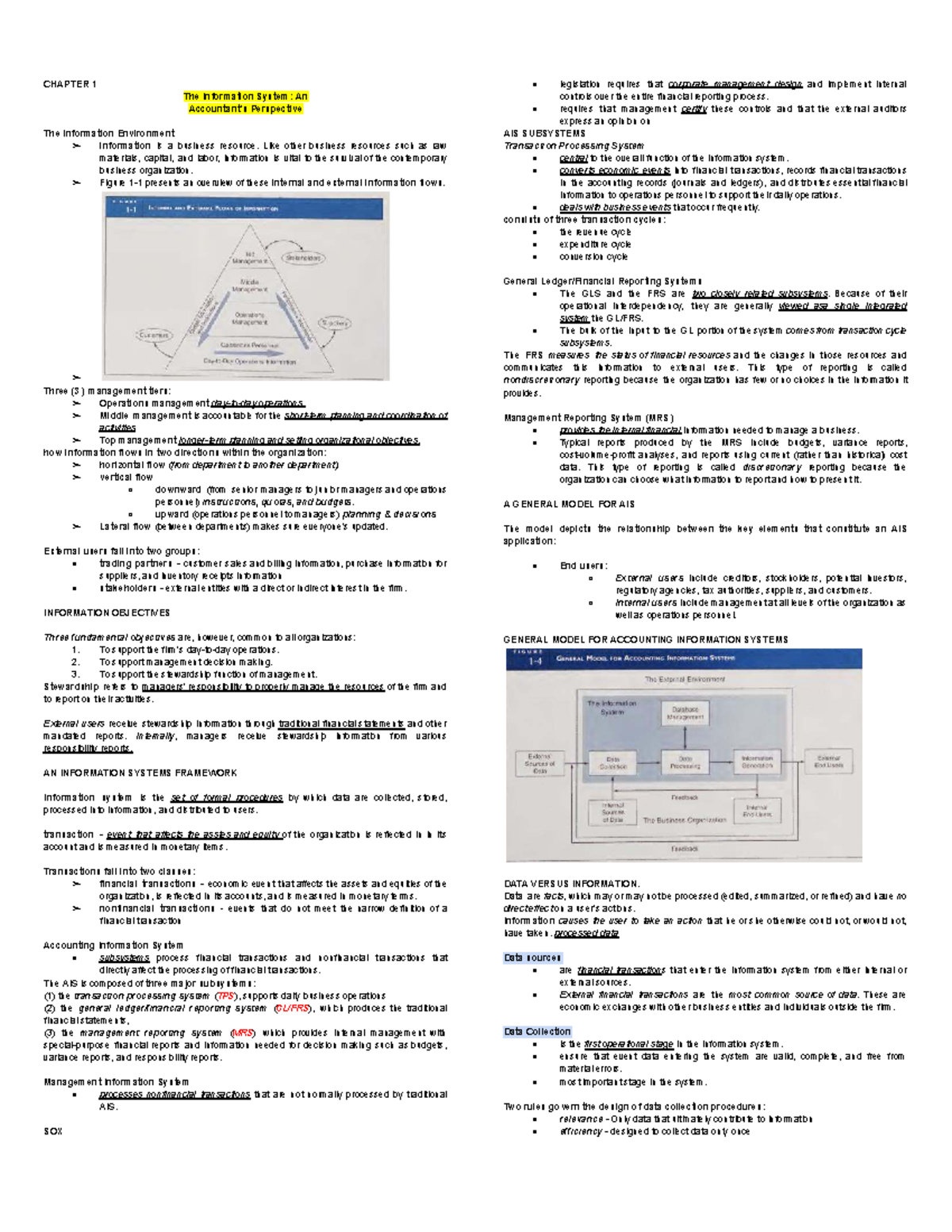 AIS 101: Lecture Notes on Information Systems and Business Resources ...