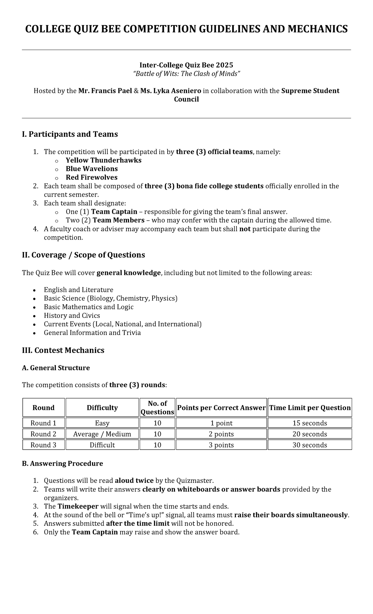 COLLEGE QUIZ BEE 2025: Guidelines & Mechanics for Participants - Studocu