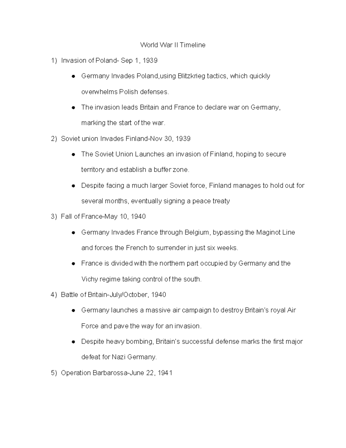 World War II Timeline - World War II Timeline Invasion of Poland- Sep 1 ...