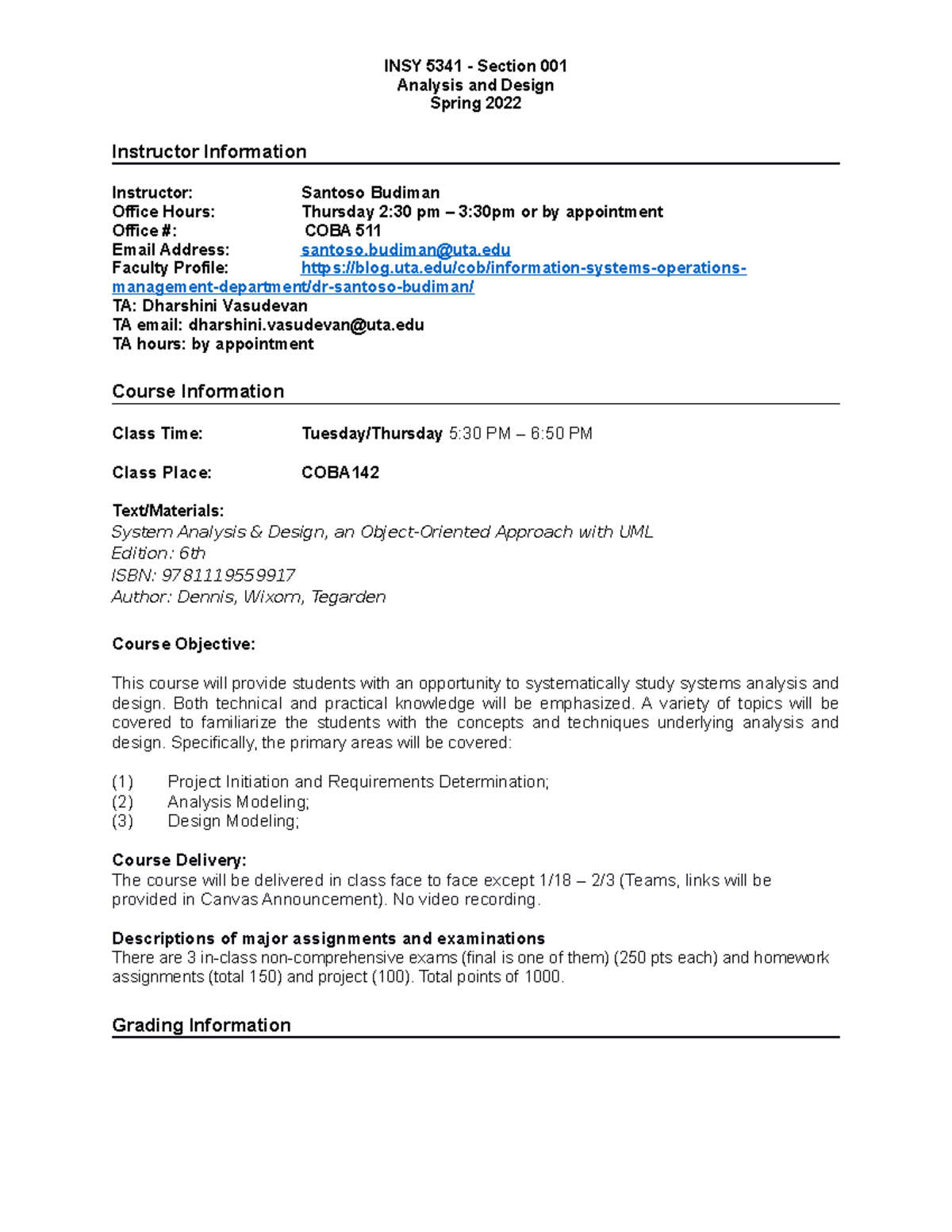 INSY 5341 - Analysis and Design Syllabus - Spring 2022 - Studocu