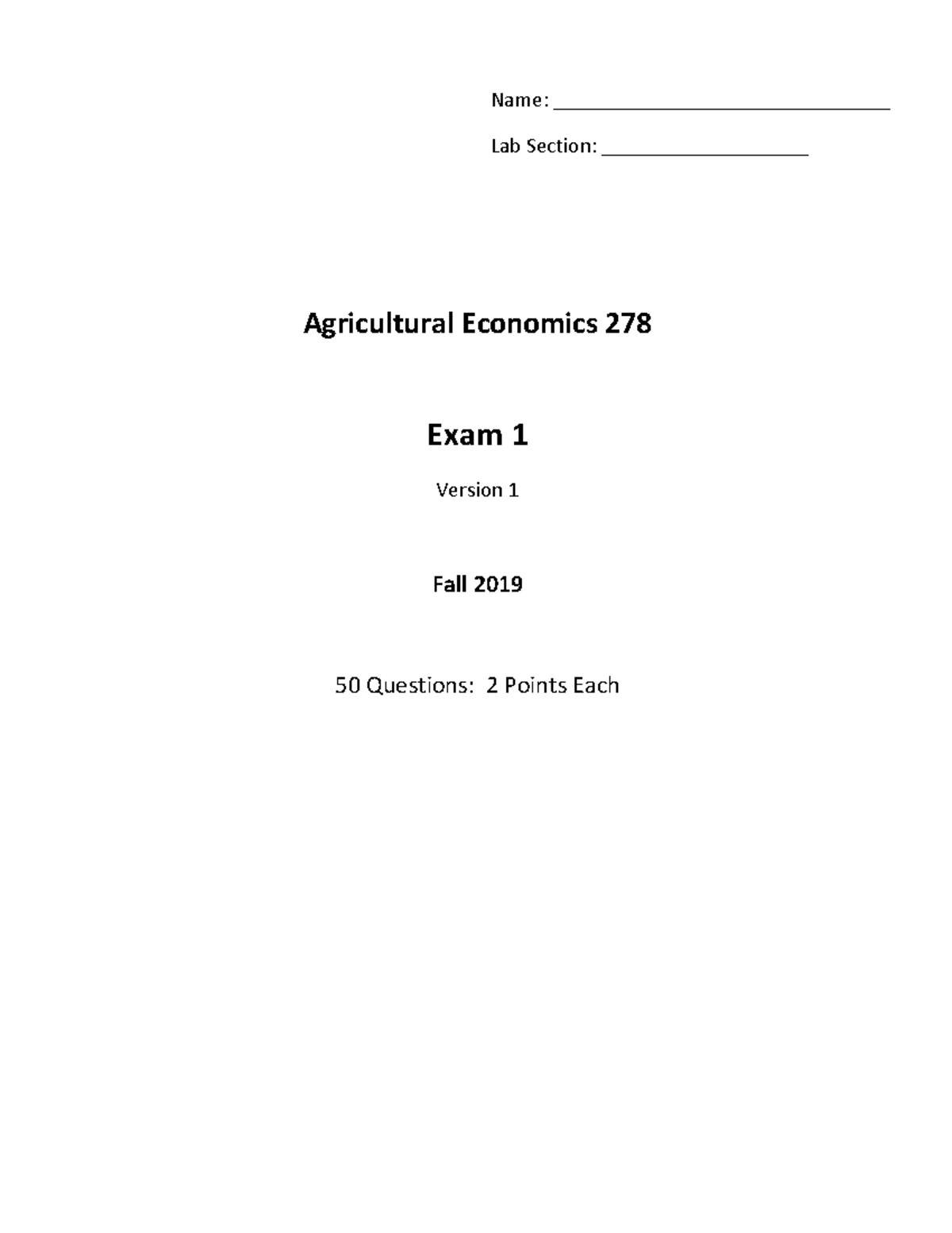 Agricultural Economics 278 - Exam 1 Questions (Fall 2019) - Studocu