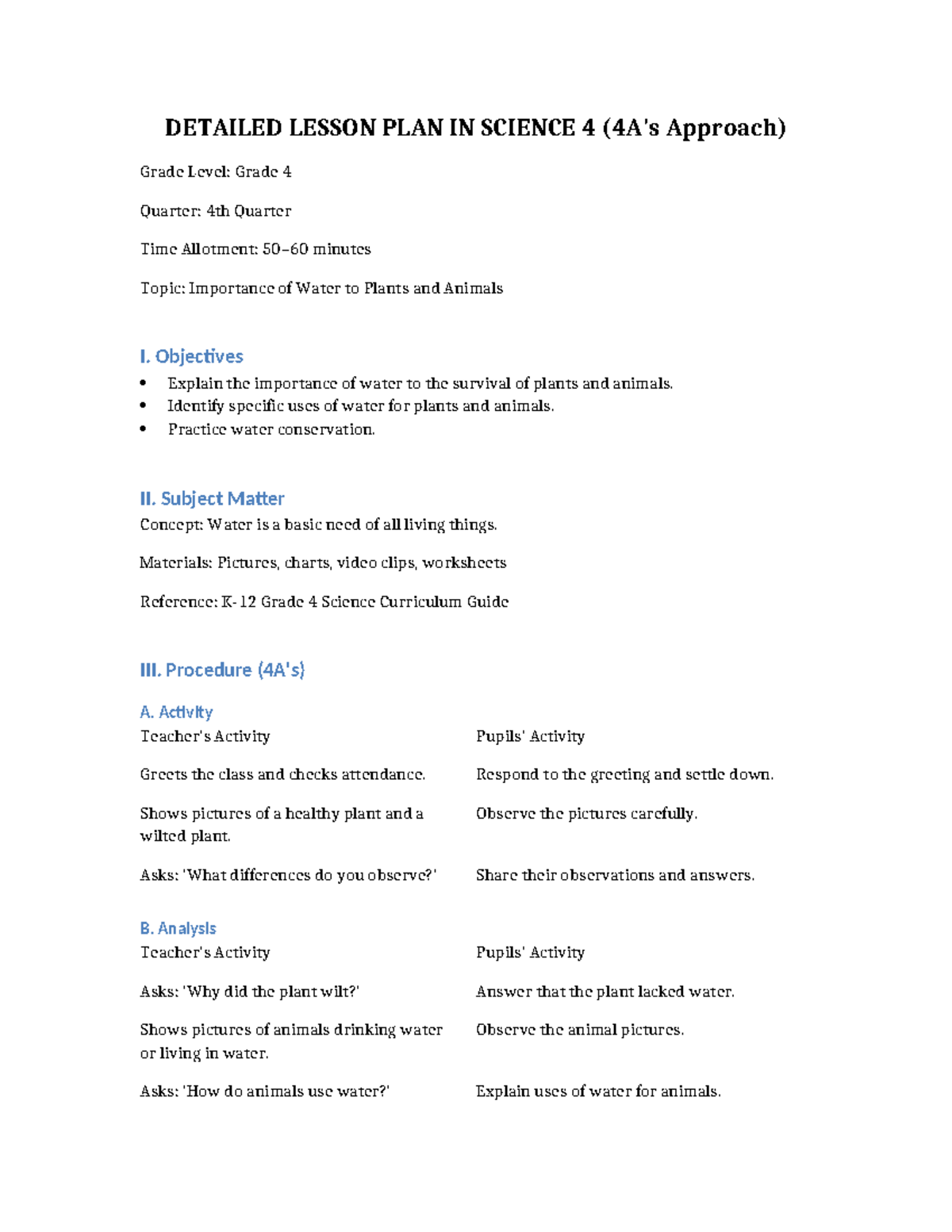 4As DLP: Importance of Water to Plants & Animals - Grade 4 Lesson Plan ...