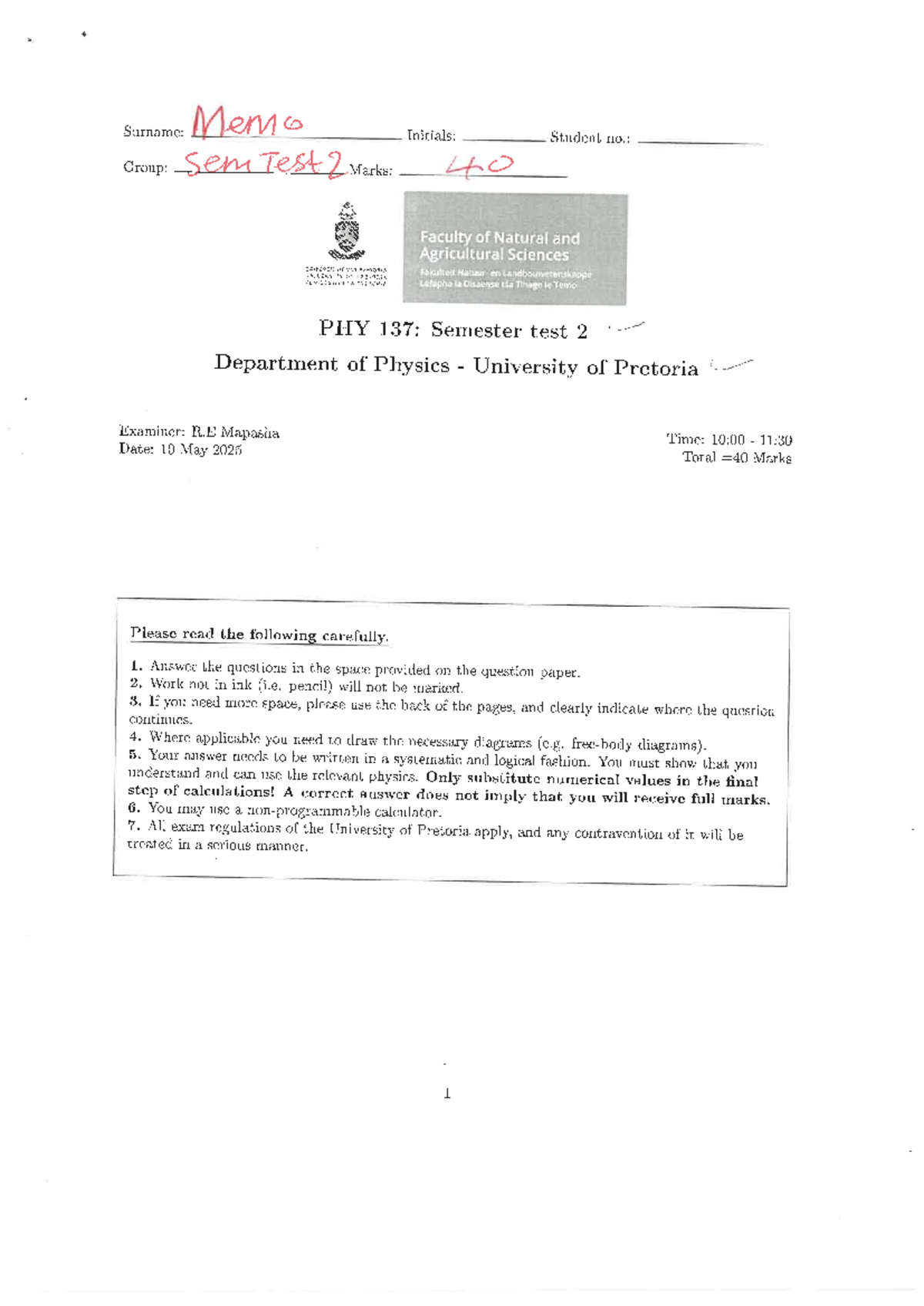 Semester Test 2 Memo - PHY 137: Physics Exam Solutions - Studocu
